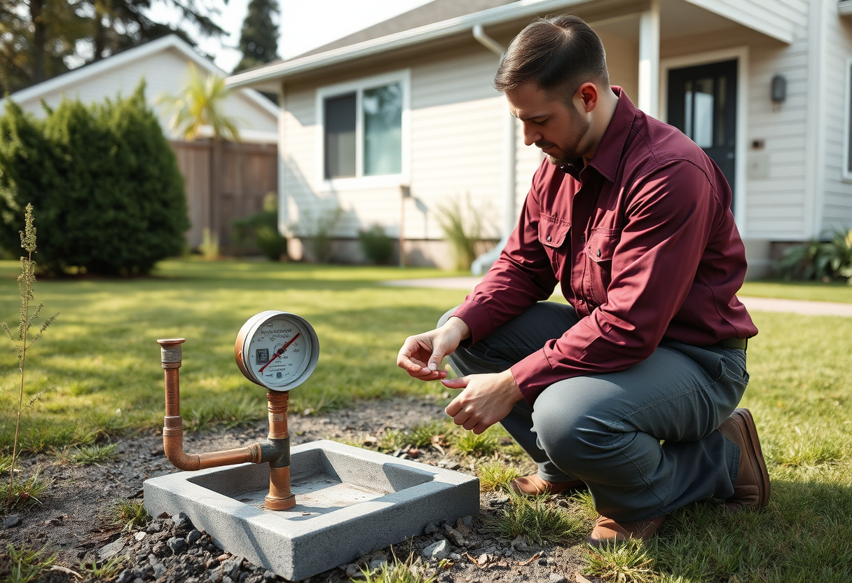 Danika plumber checking the water service line at the meter outside an Arlington, WA home