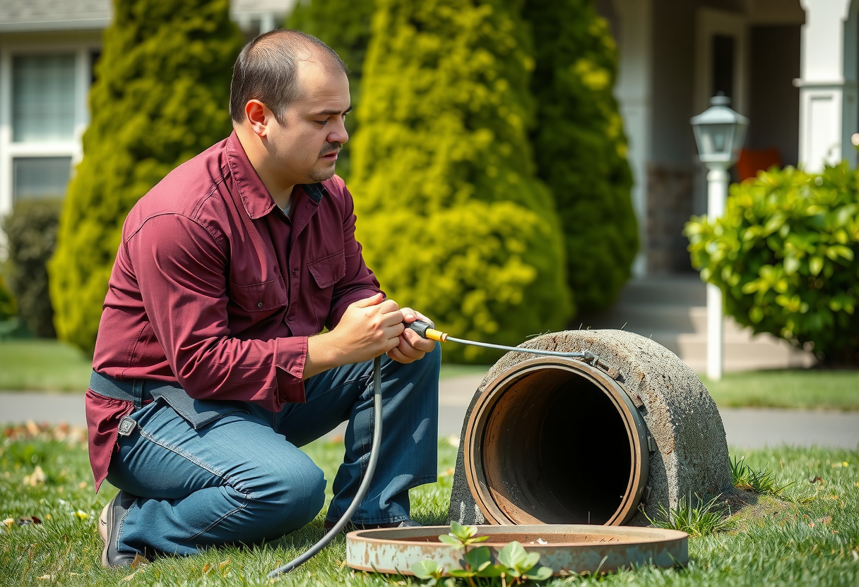 Bellevue WA plumber feeding a drain camera into a ground-level cleanout