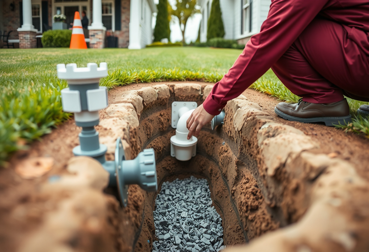 Open trench with new PVC side sewer pipe bedded in crushed rock at a Bellevue WA home