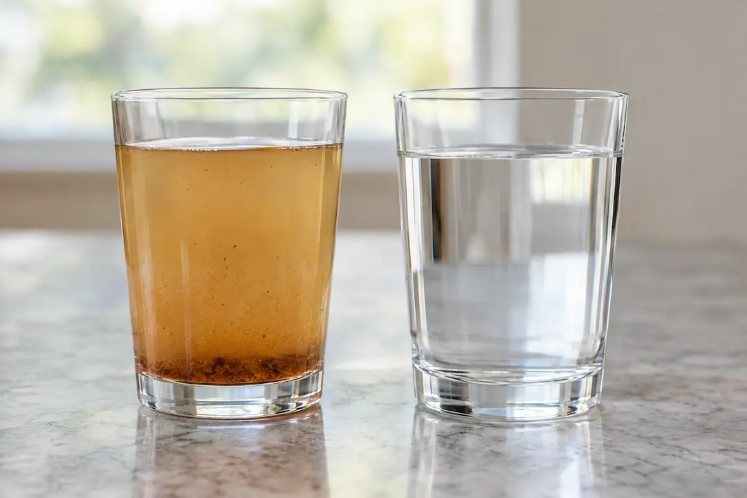 Discolored tap water in an Everett WA home next to a glass of clear water