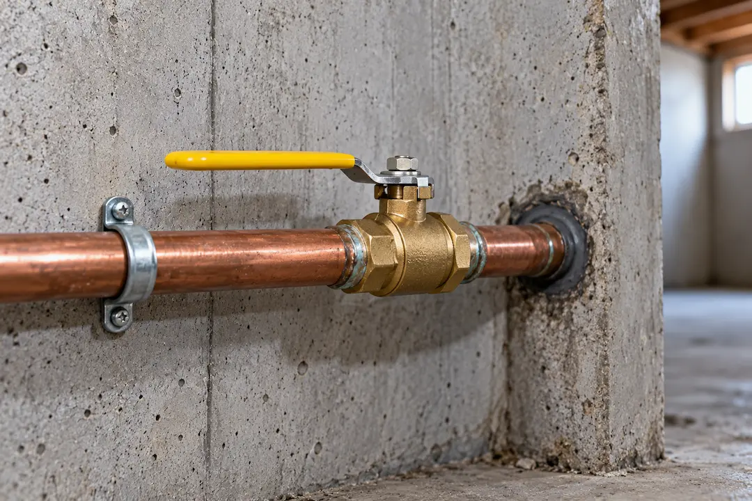 Everett WA main water shutoff valve with a lever handle in a basement