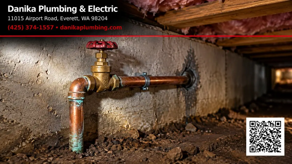 Main water shut-off valve in Everett crawl space with a brass wheel handle