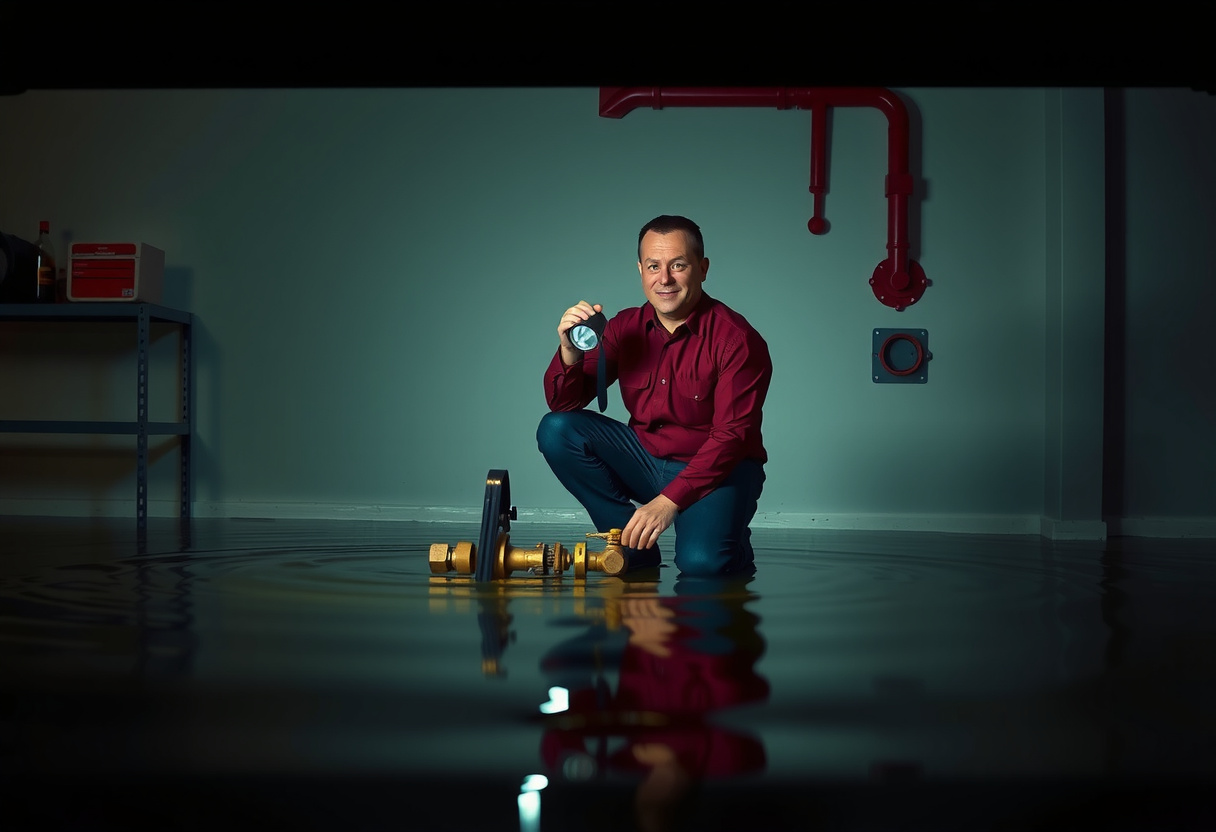 Emergency plumber at a water shut-off valve in a flooded Issaquah garage