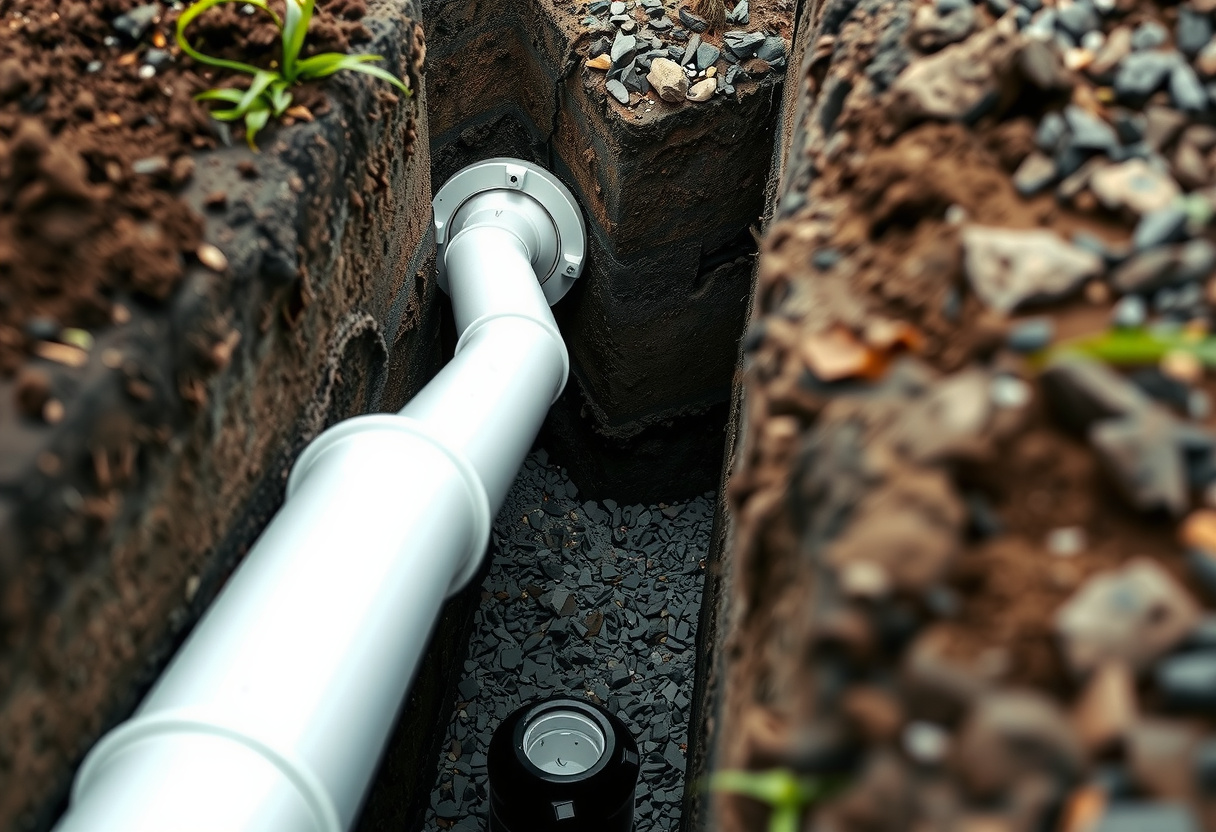 New sewer pipe laid in an open trench for an Issaquah septic to sewer connection