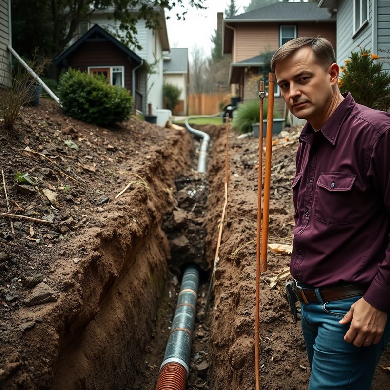Pipe replacement trench on a sloped Mukilteo WA yard