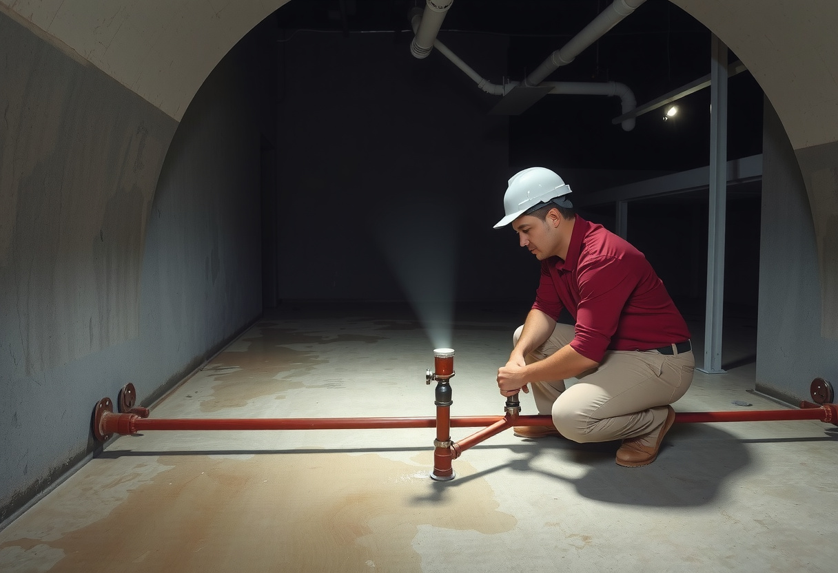Emergency plumber at a burst water line in a flooded Redmond basement
