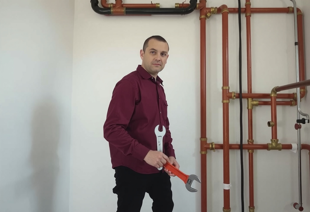 Licensed plumbing contractor beside copper and PEX pipework at a Redmond property