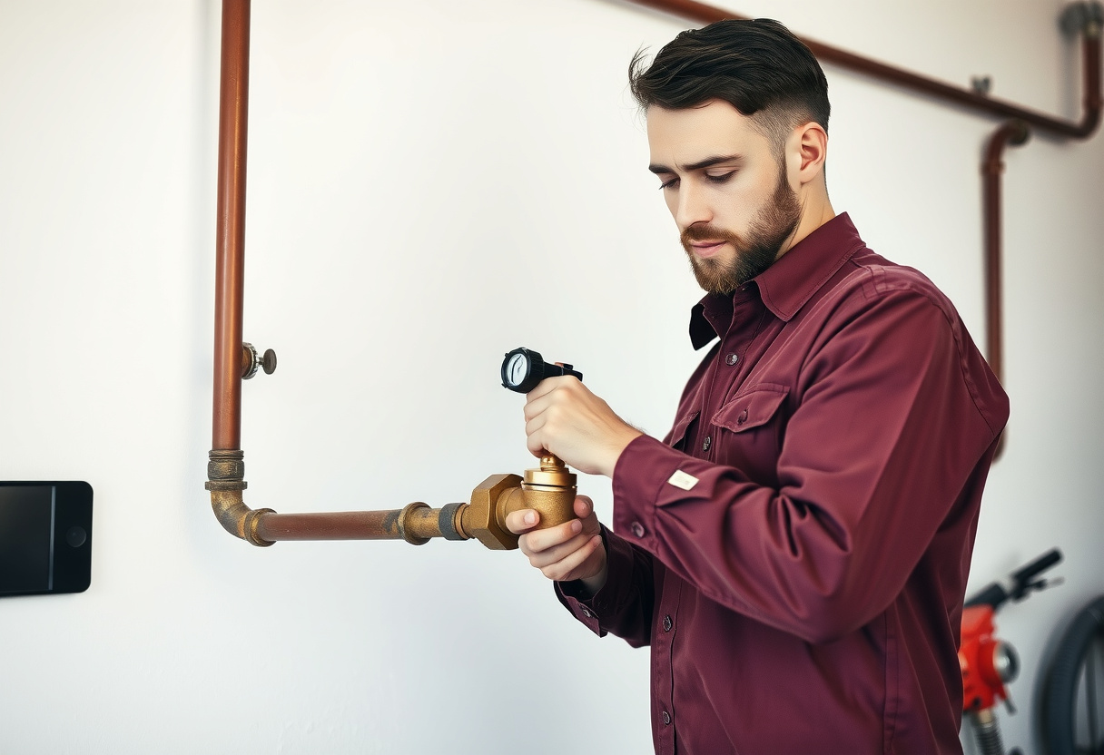 Plumber adjusting a pressure-reducing valve on a Redmond water line