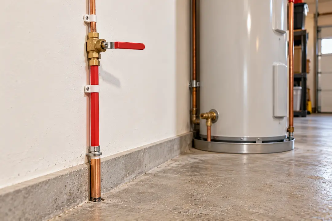 Where to turn off the water to a house in Everett: shut-off on a garage wall
