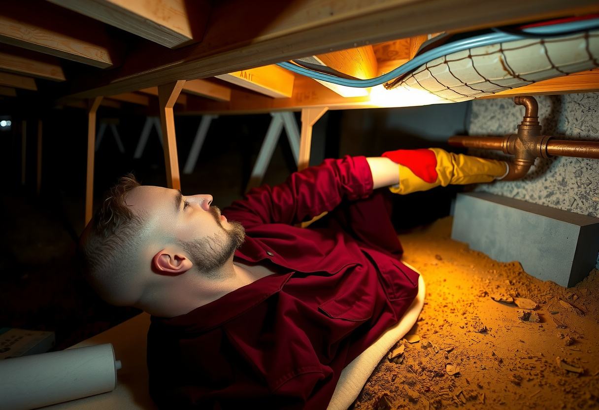 Plumber tracing a water leak under a residential crawlspace