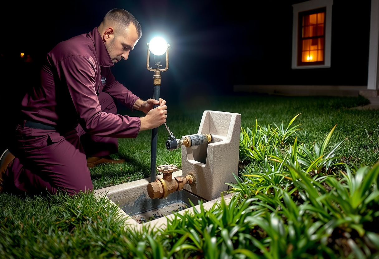 Plumber shutting off the water main during an after-hours emergency call