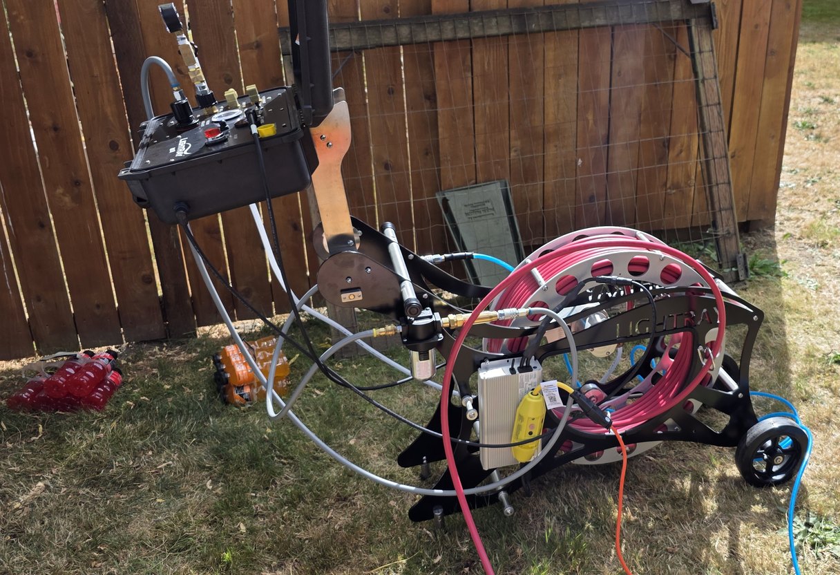 Danika sewer lining rig set up beside a back garden fence