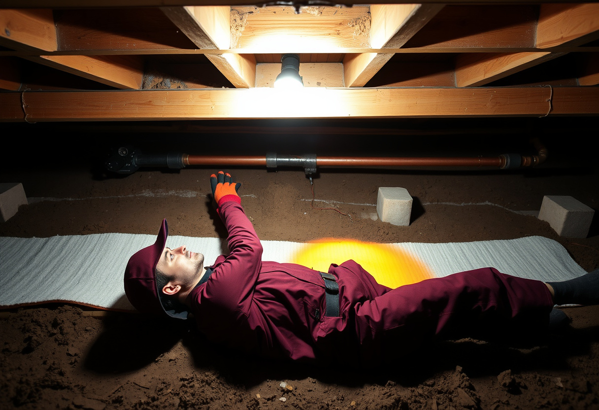 Plumber tracing a water leak under a Maple Valley crawlspace