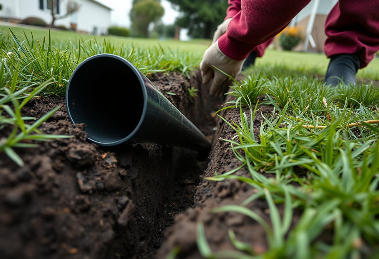 Plumber lowering a new sewer pipe into an open trench in a Maple Valley, WA lawn