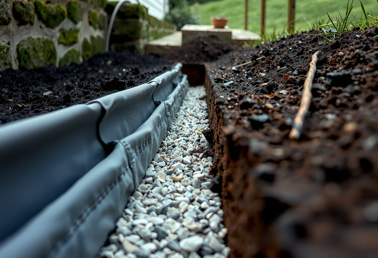 Gravel-filled perimeter drain trench along a house foundation