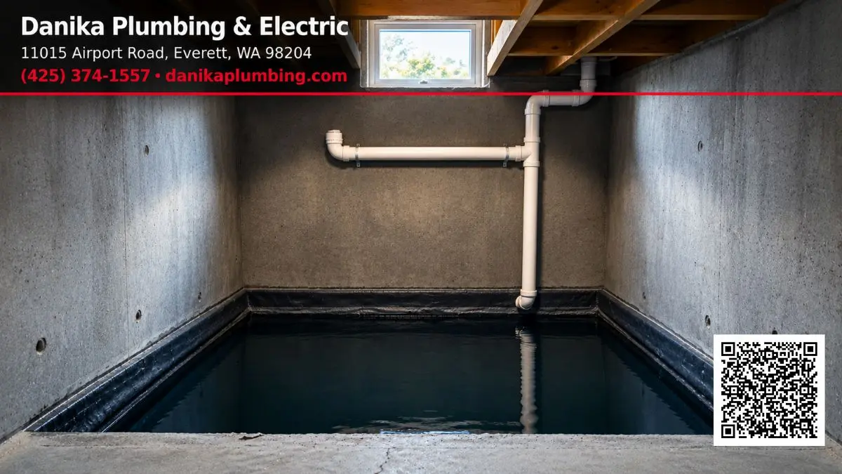 Basement sump pit with PVC drainage pipes in a concrete room